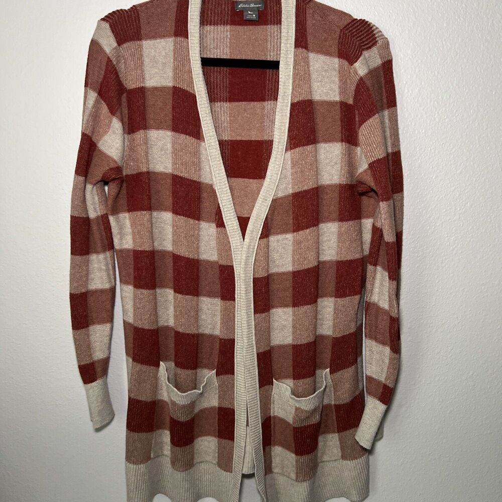 Eddie Bauer Open Front Cardigan Size Medium Pockets Dark Red Check